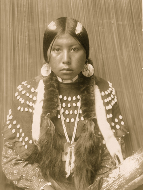 Kalispel Indian woman, half-length portrait, facing front, seated, wrapped braids, white stripes painted on hair, shell disk earrings, wearing blanket dress decorated with elks' teeth. Poster Print - Item # VARBLL058747574L