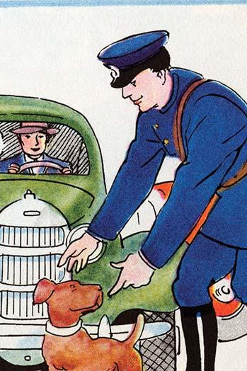 A police officer helps a lost puppy out the street and away from traffic Poster Print by Julia Letheld Hahn - Item # VARBLL0587274670