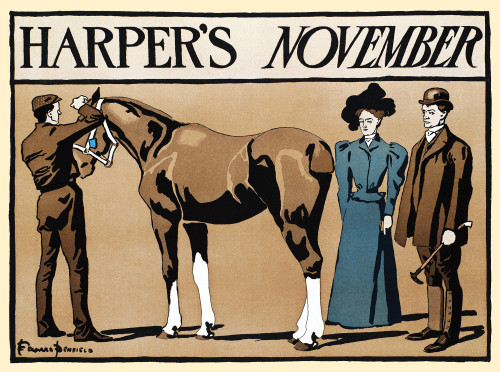 A man holds the head of a horse while another woman and man stand besides them. Poster Print by  Edward Penfield - Item # VARBLL0587414650