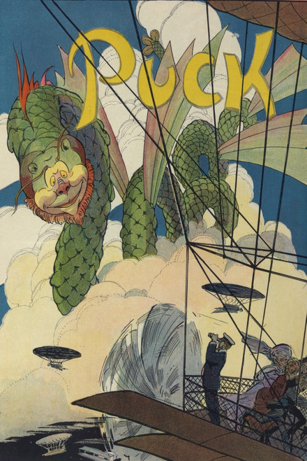 Illustration shows a large winged-serpent wearing a friendly mask, frightening the passengers aboard an airship.  Art by Frank A. Nankivell.  1909 July 14. Poster Print by Frank A. Nankivell - Item # VARBLL0587396857