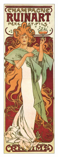 Art Nouveau Woman Drinking Champagne from a wine glass.  Alfons Maria Mucha, often known in English and French as Alphonse Mucha, was a Czech Art Nouveau painter and decorative artist Poster Print by Alphonse Mucha - Item # VARBLL0587411848