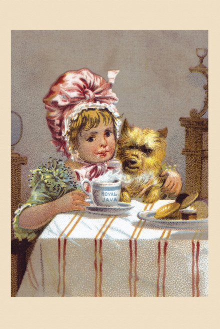 Victorian trade card for Royal Java showing a little girl holding her dog and looking at a cup of hot Java coffee. Poster Print by unknown - Item # VARBLL0587392231