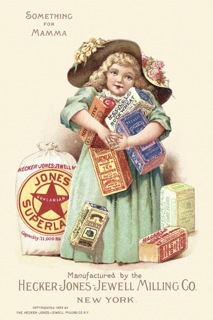 Victorian trade card for the Hecker-Jones-Jewell Milling company.  The company milled crackers, flour, farina, oatmeal, and hominy grits.  A little girl holds all the products. Poster Print by unknown - Item # VARBLL0587391642
