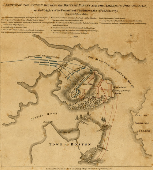 A sketch of the action between the British forces and the American provincials, on the heights of the peninsula of Charlestown, the 17th of June 1775. Poster Print by William Faden - Item # VARBLL0587429380