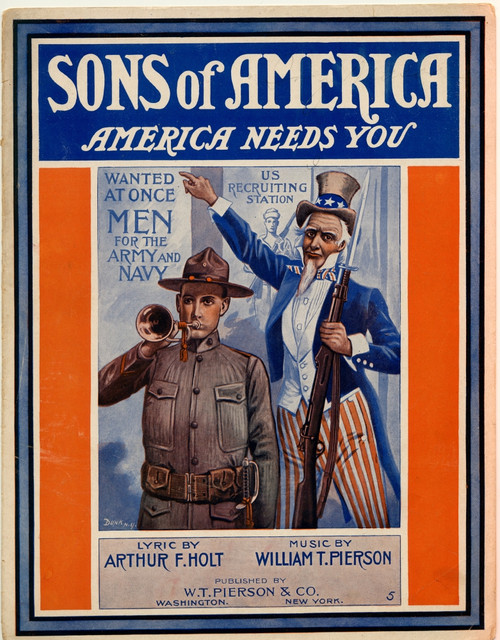 Recruiting image with Uncle Sam offering a rifle and a soldier blowing a trumpet Poster Print - Item # VARBLL058753857L