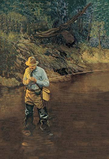 A fly fisherman standing in a stream rigs his hook. Poster Print by unknown - Item # VARBLL058702318x
