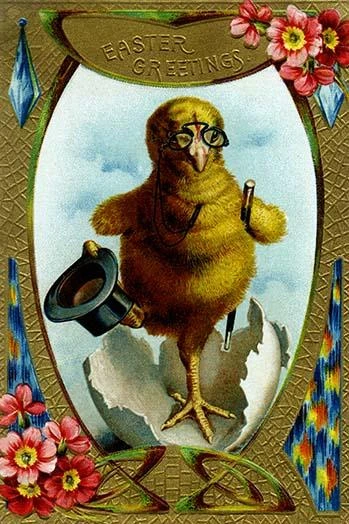 A newly hatched Easter chick emerges from the egg with a top hat and a cane and spectacles. Poster Print by unknown - Item # VARBLL0587229489