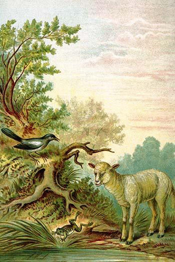 A Raven looks on as a Lamb scares a frog who jumps into the water Poster Print by A.  Hochstein - Item # VARBLL0587316012