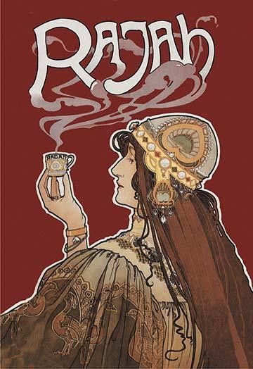Rajah. Poster by Privat-Livemont showing woman holding up glass of coffee or tea. Printed by Imp. Lith. Van Leer, Amsterdam, 1898. Poster Print by Henri Privat-Livemont