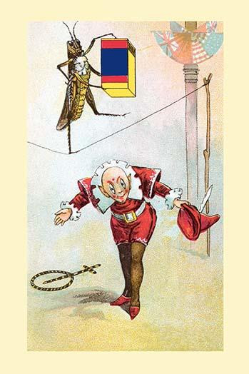 A grasshopper walks a tightrope in a daring circus performance. Poster Print by Frolie