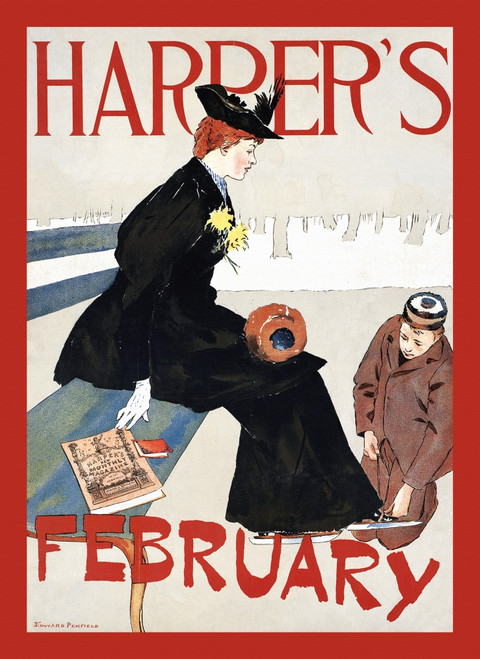 A woman sits on a bench while a man puts ice skates on her shoes. Poster Print by  Edward Penfield - Item # VARBLL0587414766