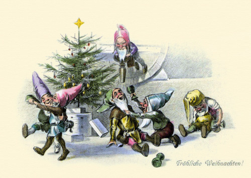 German card Xmas, Elves surrounding a tree Poster Print - Item # VARBLL0587394080