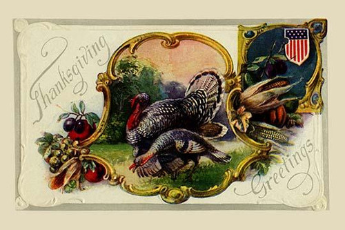 A vintage postcard to be sent for Thanksgiving featuring two well fed turkeys surrounded by typical Autumn harvest goods like corn and apples. Poster Print by unknown - Item # VARBLL0587229551