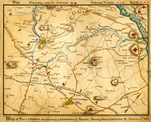 Battleground Area around Falls Church, Va..  Area surrounding Falls Church in Fairfax County, Va. The Loudoun & Hampshire Railroad is also indicated. Poster Print by Robert Knox Sneden - Item # VARBLL0587425814