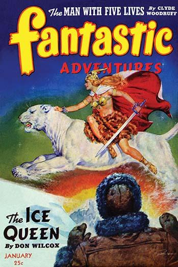 A pulp magazine cover from January 1943 illustrating a story about warrior queen who rides a white tiger across frozen tundra. Poster Print by Robert Gibson Jones - Item # VARBLL0587278668