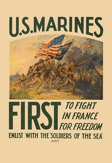 U.S. Marines rush into battle flying the colors on this recruitment poster. Poster Print by unknown - Item # VARBLL0587204796