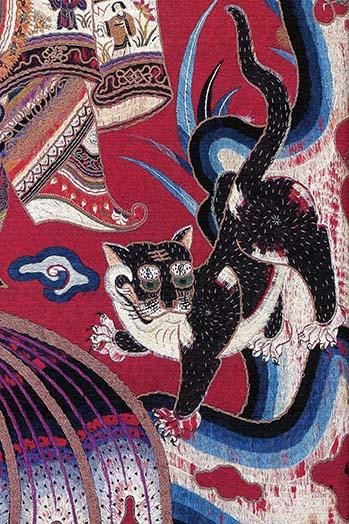A curtain from a 19th century Chinese theater made of silk showing a cat among the flowing robes of actors. Poster Print by unknown - Item # VARBLL058729972x