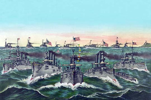 An image of the American Battleships as the "Victorious fleets in Cuban waters."  Taken from an ad for William Cramp & Sons - Ship Builders. Poster Print by Currier & Ives - Item # VARBLL058723699x