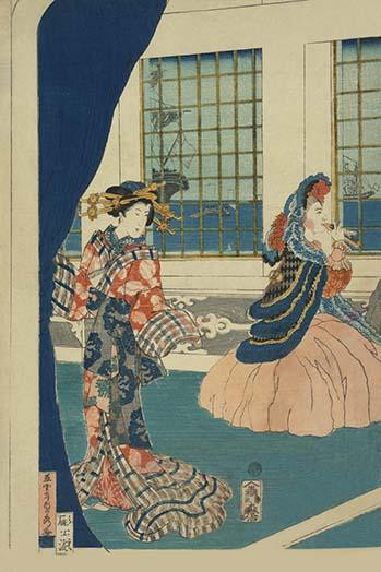 Japanese print shows courtesans in a western-style building of Yokohama.  Done by Sadahide Utagawa in 1861. Poster Print by Sadahide Utagawa - Item # VARBLL0587229071