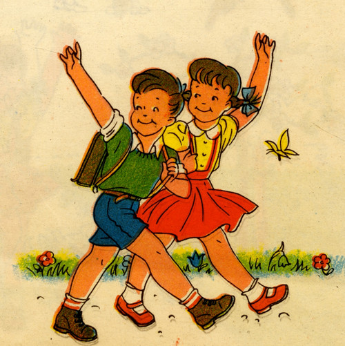 Boy & Girl Wave on their way to school Poster Print - Item # VARBLL058759515L Boy & Girl Wave on their way to school Poster Print - Item # VARBLL058759515L