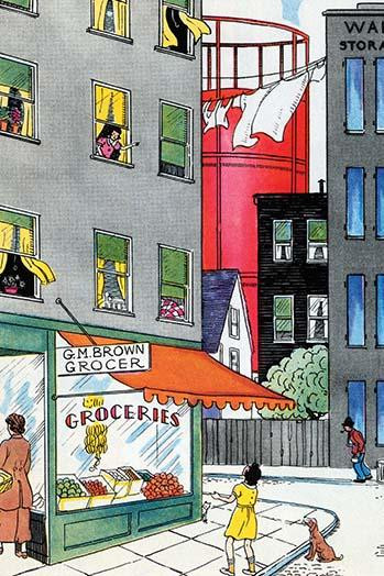 A young girl shouts up to friend in the apartment above the grocery store.  A dog and cat witness the exchange. Poster Print by Julia Letheld Hahn - Item # VARBLL0587274492