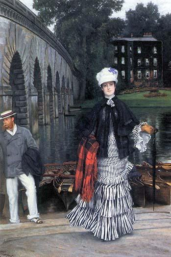 A woman steps off a boat and onto the dock on a Thames embankment beside an arched bridge Poster Print by James Tissot - Item # VARBLL0587255617