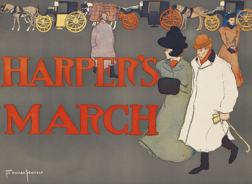 A man and woman walk by a row of horse drawn carriages. Poster Print by  Edward Penfield - Item # VARBLL0587414340