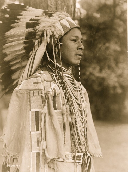 Half-length portrait of Umatilla youth in full feather headdress, beaded buckskin shirt and shell bead necklace. Poster Print - Item # VARBLL058747626L