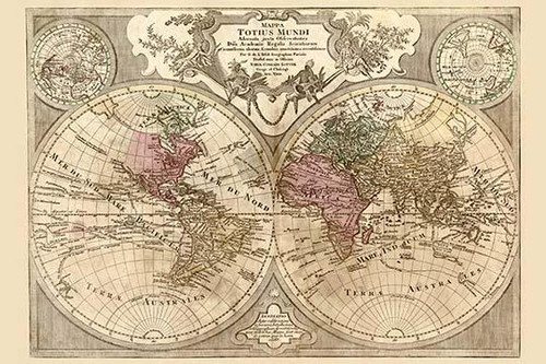 Two Spheres in circles show the worlds hemispheres with Ribbon Flourish Poster Print by Guillaume  de L'Isle - Item # VARBLL0587236892