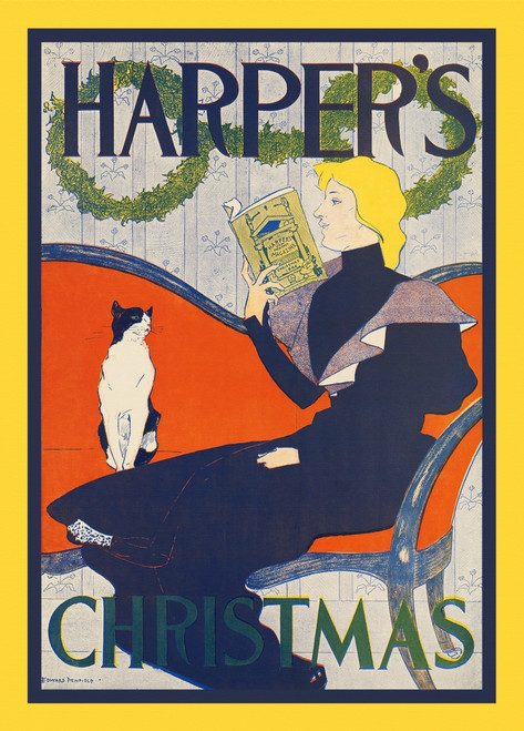 A woman sits on a couch reading a magazine next to a cat. Poster Print by  Edward Penfield - Item # VARBLL0587414308