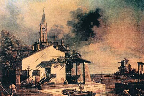 Lagoon Landscape in Venice with church tower in rear and boats in front Poster Print by Canaletto - Item # VARBLL0587253924
