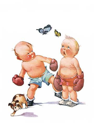 One young pugilist is distracted by pretty butterflies as his opponent is ready to land a wind-up sucker punch.  Even the puppy looks worried. Poster Print by Colliers - Item # VARBLL0587279214