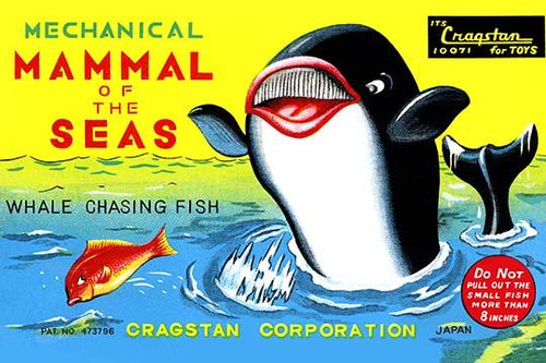 A smiling whale chases fish for pleasure.  This graphic art is from an antique Japanese tin children's toy.  Often the box art was much more enjoyable than the toy inside. Poster Print by Unknown - Item # VARBLL0587224495