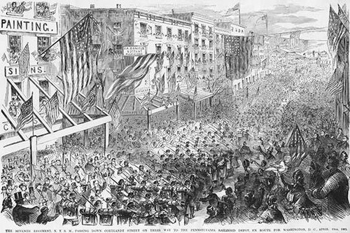7th New York Regiment marches down Cortlandt Street to the Pennsylvania Railroad Depot on their way to Washington, DC Poster Print by Frank  Leslie - Item # VARBLL0587323345