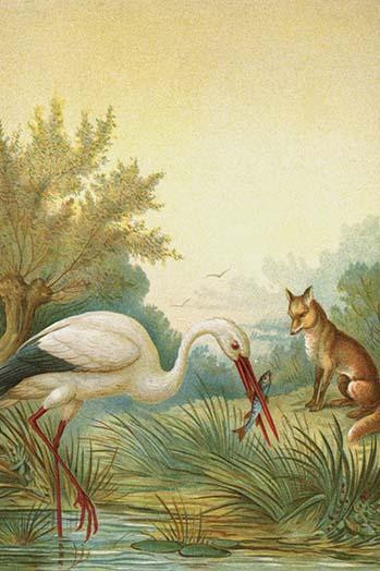 Stork has a fish in its beak and a fox looks on Poster Print by A.  Hochstein - Item # VARBLL0587315962