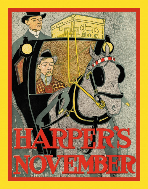 A man sits inside a horse-drawn coach while the driver sits above. Poster Print by  Edward Penfield - Item # VARBLL0587414359