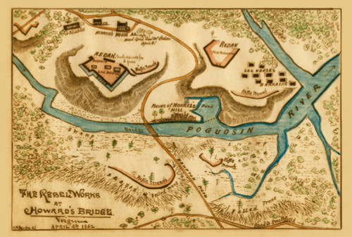 Howard's Bridge.  Fortifications of the Confederate forces at Howard's Bridge on the banks of the Poquoson River, which succeeded in slowing McClellan's advance up the Peninsula. Poster Print by Robert Knox Sneden - Item # VARBLL0587425334