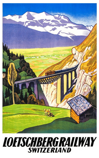Artist Eugen Henziross crafted this lovely image for the Basel - Loetschberg - Simplon Railway company showing the Rhone Valley in Wallis and the Alps. Poster Print by Eugen Henziross - Item # VARBLL058739059x