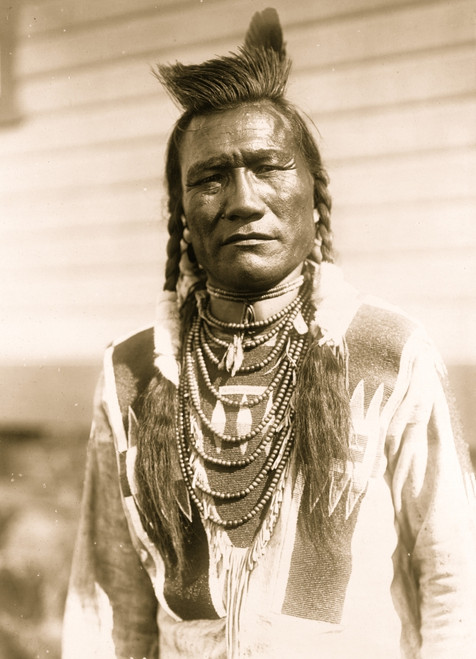 Half-length portrait of Umatilla youth in full feather headdress, beaded  buckskin shirt and shell bead necklace. Poster Print - Item #  VARBLL058747626L - Posterazzi