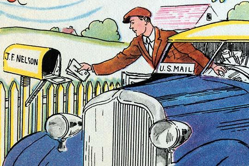 A postal worker delivers mail by car and places letters in the mailbox of J.F. Nelson Poster Print by Julia Letheld Hahn - Item # VARBLL058727476x
