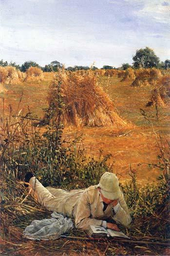 A man in a pith hat rests reading a book beside a field with haystacks Poster Print by Alma-Tadema - Item # VARBLL0587257555
