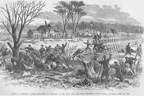 Battle of Pittsburg Landing, Ohio  Regiment Recaptures Artillery Poster Print by Frank  Leslie - Item # VARBLL0587324392