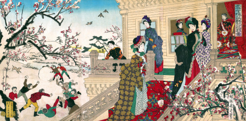 Children Playing in the Snow under Plum Trees in Bloom Poster Print by chikanobu - Item # VARBLL0587650818