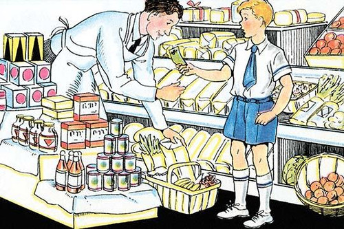 A boy hands the grocery store clerk cash as payment for his food purchases. Poster Print by Julia Letheld Hahn - Item # VARBLL0587274980