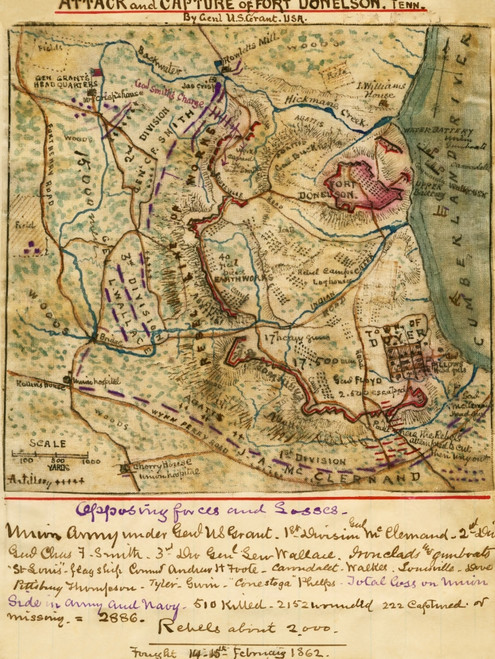 Attack and capture of Fort Donelson, Tenn. by Genl. U.S. Grant U.S.A...  troop locations around Fort Donelson, Tenn., on the Cumberland River, as the Union army prepared to attack. Poster Print by Robert Knox Sneden - Item # VARBLL0587425385