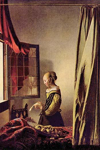 A girl reads a letter at the window with the wind furling the drapes Poster Print by Johannes  Vermeer - Item # VARBLL0587263342