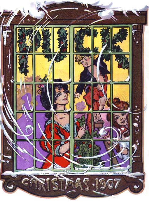 Illustration shows two women helping Puck hang Christmas decorations; they have used holly to form the name of the magazine "Puck" at the top of a window.  Art by Frank Arthur Nankivel. Poster Print by Frank A. Nankivel - Item # VARBLL0587357762