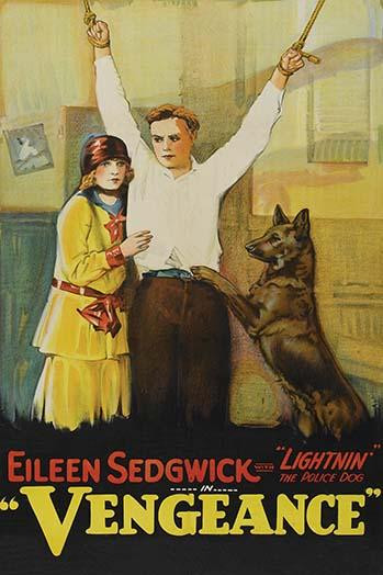 Girl touches a young man whose hands are tied by ropes to the ceiling; a German shepherd paws at him Poster Print by Unknown