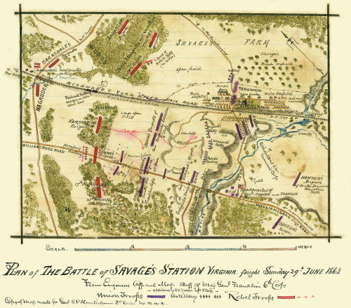 Battle of Savage's Station, Virginia, fought Sunday, 29th June 1862.  Battle of Savage's Station, Henrico County, Va., which was one of the Seven Days' Battles, 26 June-1 July 1862. Poster Print by Robert Knox Sneden - Item # VARBLL0587424702