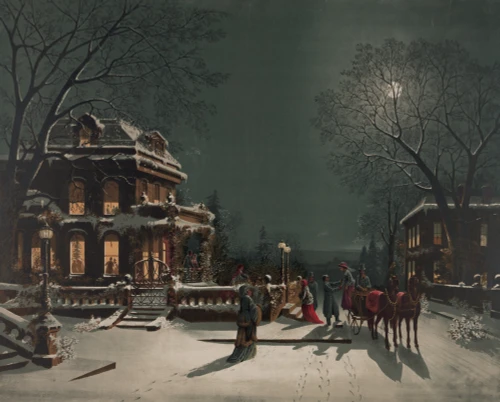 Party Goers assemble at a Victorian Home on a snowy evening Poster Print - Item # VARBLL058759780L